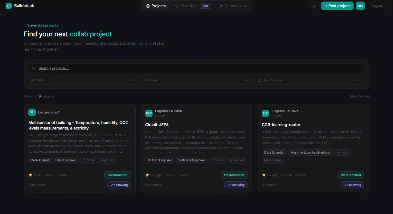 BuilderLab interface showing a collaborative project workflow
